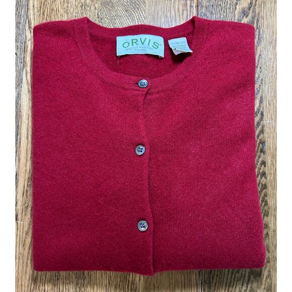 Original Orvis 100% Cashmere Deep Red Button Cardigan Crew Neck Sz L Ultra Soft - Picture 6 of 8